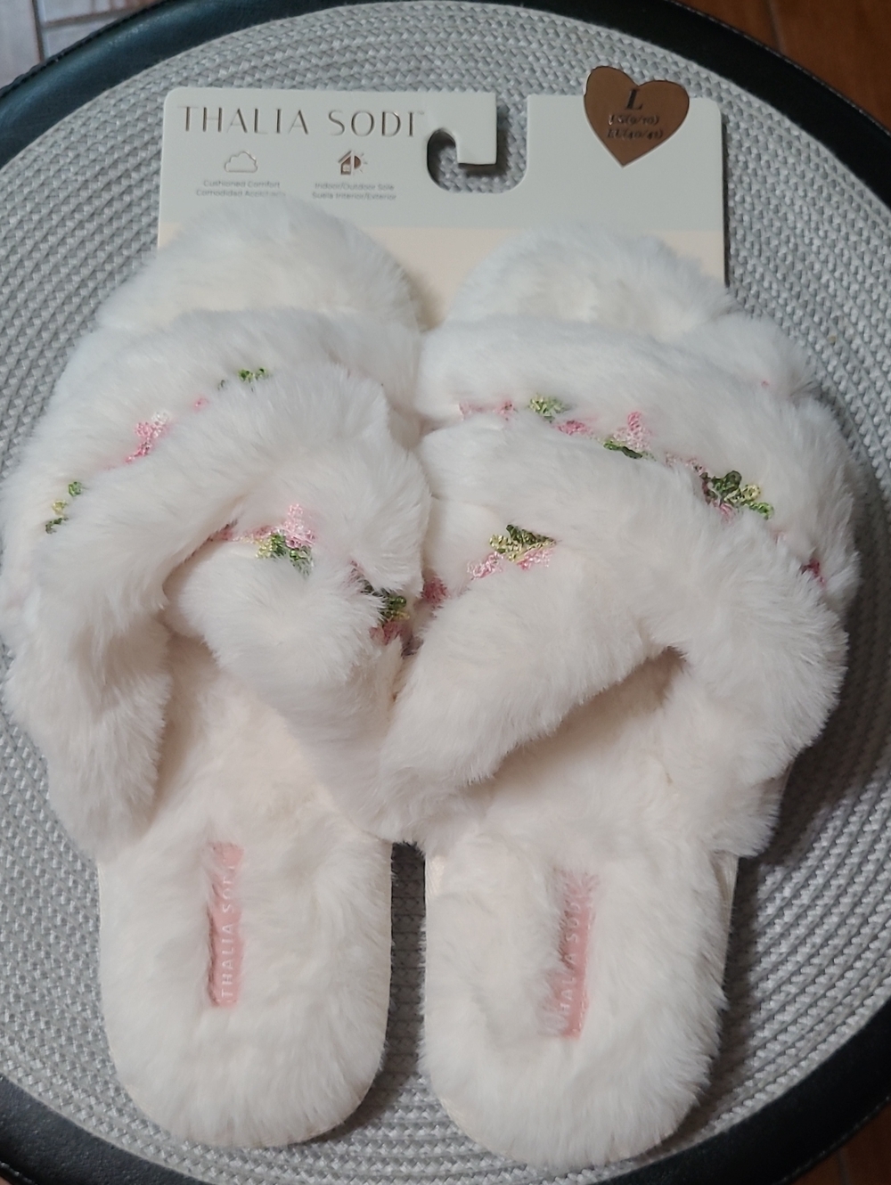 Thalia Sodi Faux Fur Floral Embroidered Slide Slippers